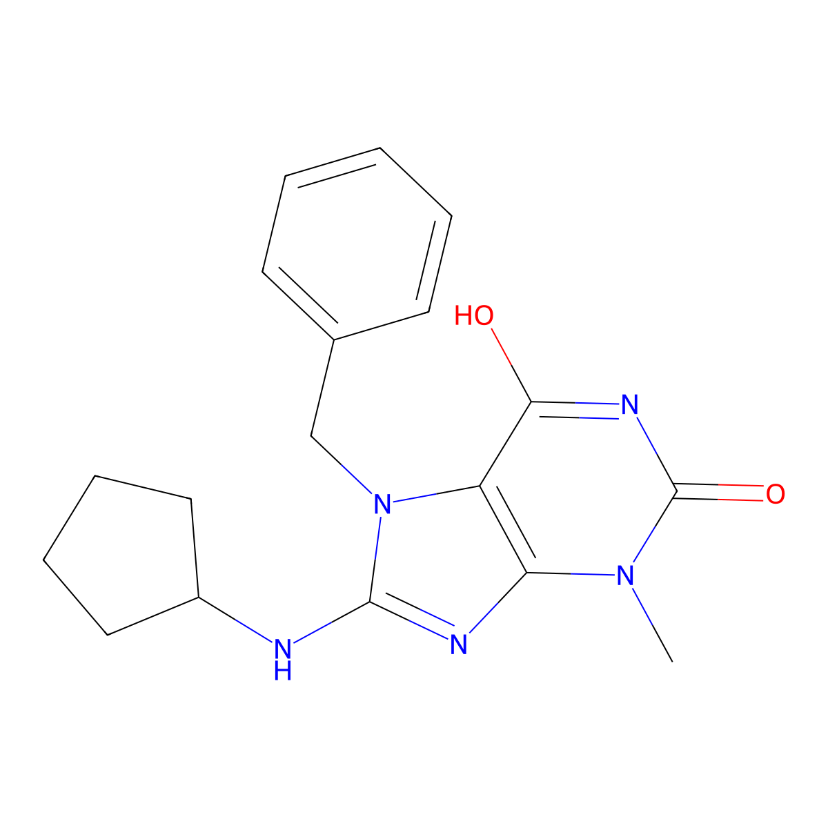 7-benzyl-8-(cyclopentylamino)-3-methyl-1H-purine-2,6(3H,7H)-dione molecular structure, CAS 578752-07-5