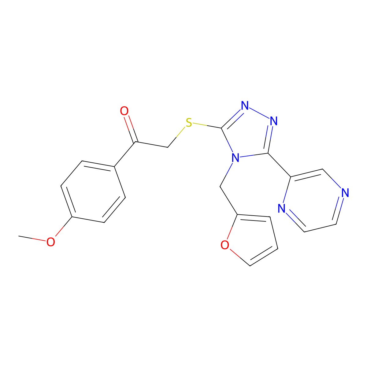 2-{[4-(furan-2-ylmethyl)-5-(pyrazin-2-yl)-4H-1,2,4-triazol-3-yl]sulfanyl}-1-(4-methoxyphenyl)ethanone molecular structure, CAS 578752-86-0