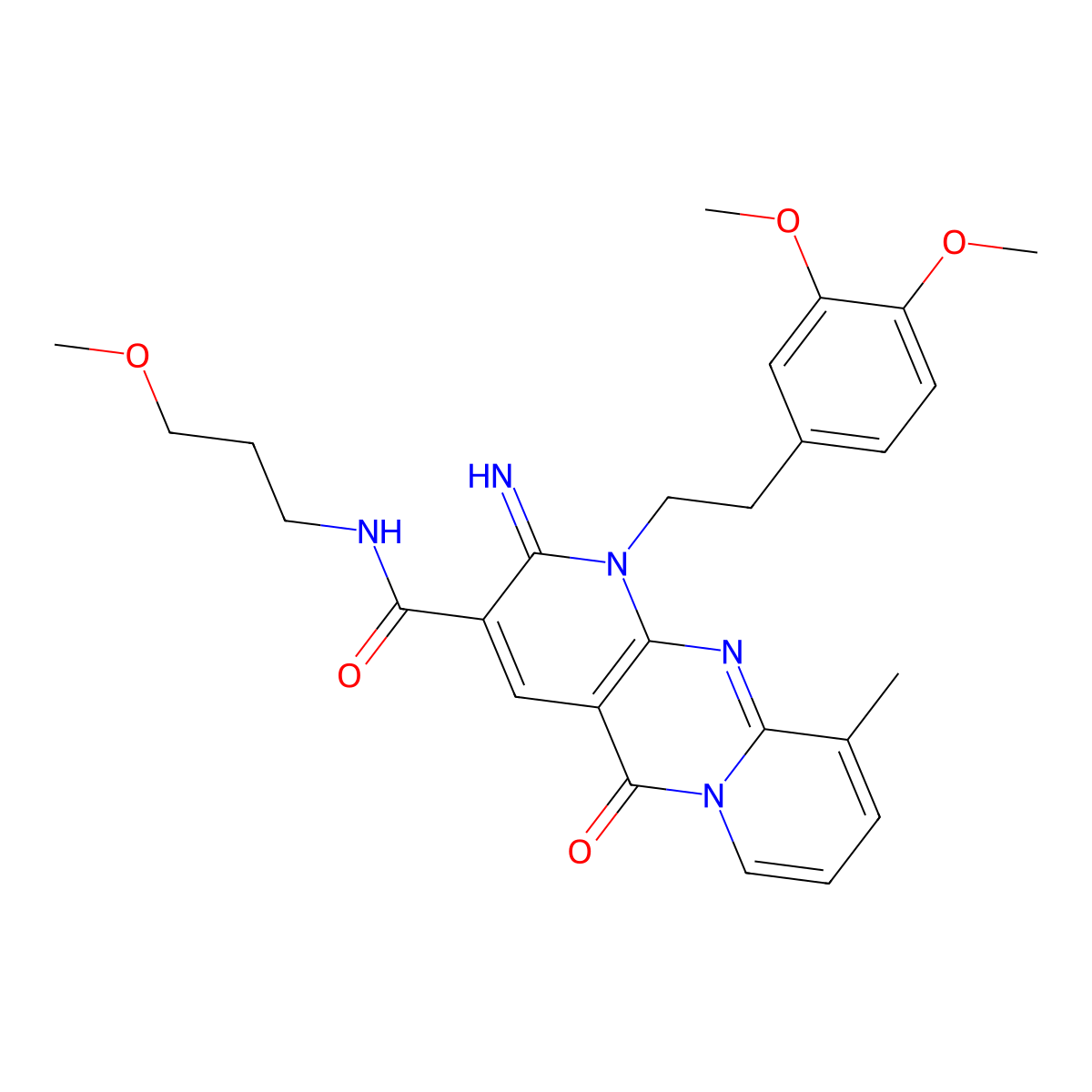 1-[2-(3,4-dimethoxyphenyl)ethyl]-2-imino-N-(3-methoxypropyl)-10-methyl-5-oxo-1,5-dihydro-2H-dipyrido[1,2-a:2',3'-d]pyrimidine-3-carboxamide molecular structure, CAS 578753-17-0