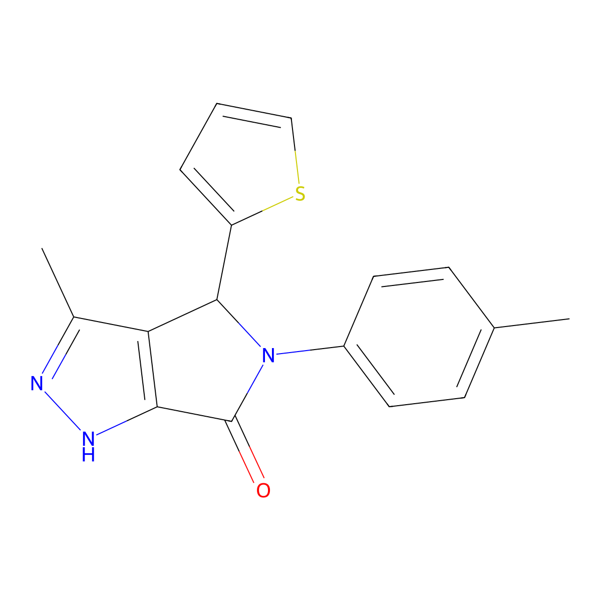 3-Methyl-5-(4-methylphenyl)-4-thiophen-2-yl-2,4-dihydropyrrolo[3,4-c]pyrazol-6-one molecular structure, CAS 578753-33-0
