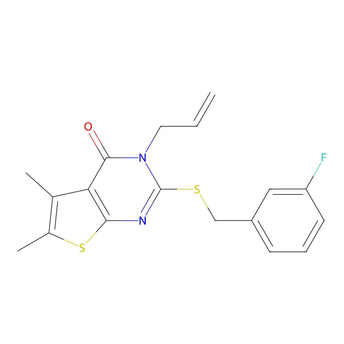 2-[(3-fluorobenzyl)sulfanyl]-5,6-dimethyl-3-(prop-2-en-1-yl)thieno[2,3-d]pyrimidin-4(3H)-one molecular structure, CAS 578753-86-3