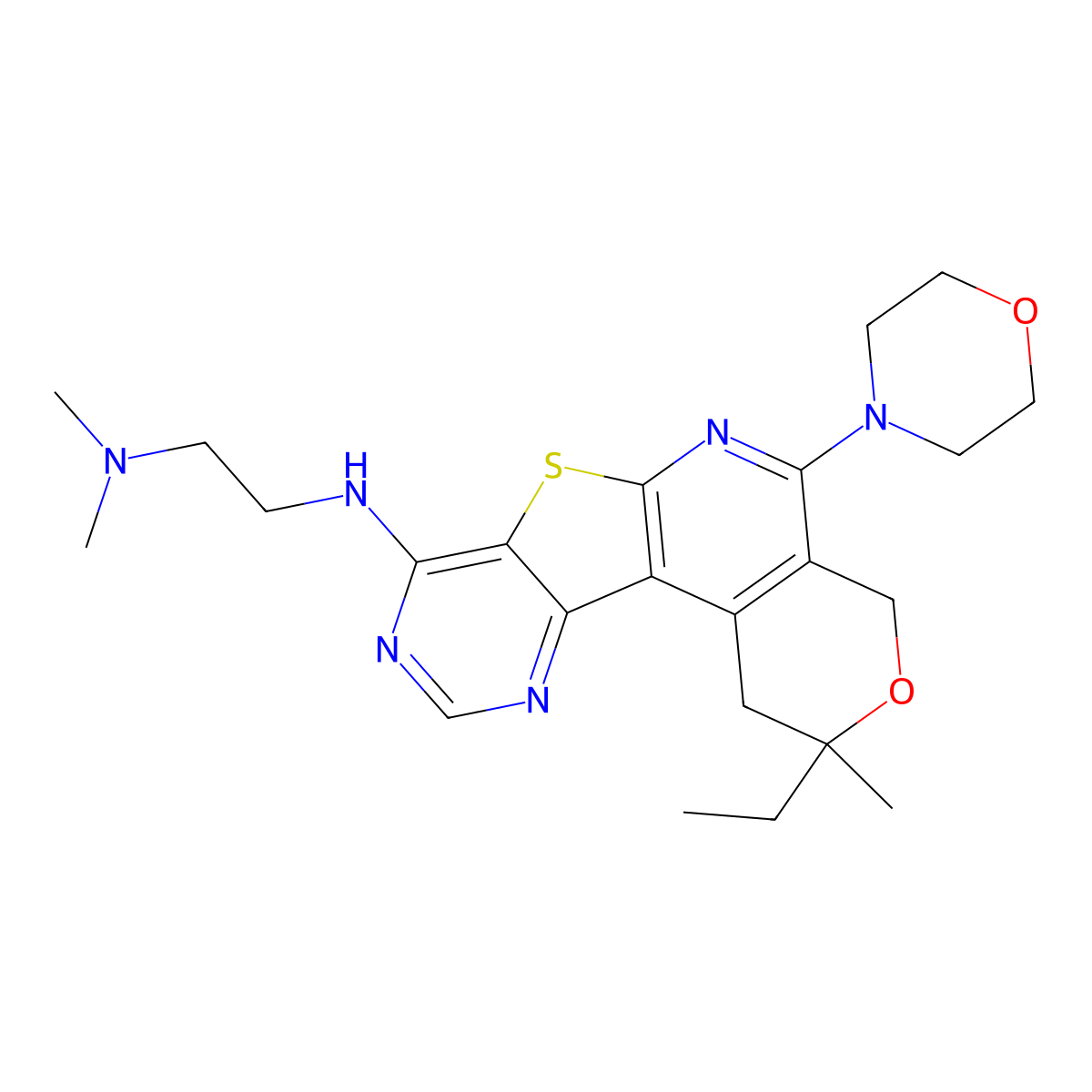 N1-(2-ethyl-2-methyl-5-morpholino-2,4-dihydro-1H-pyrano[4'',3'':4',5']pyrido[3',2':4,5]thieno[3,2-d]pyrimidin-8-yl)-N2,N2-dimethylethane-1,2-diamine molecular structure, CAS 578754-42-4