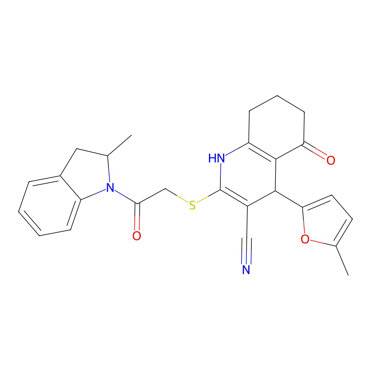 4-(5-Methylfuran-2-yl)-2-((2-(2-methylindolin-1-yl)-2-oxoethyl)thio)-5-oxo-1,4,5,6,7,8-hexahydroquinoline-3-carbonitrile molecular structure, CAS 578755-25-6