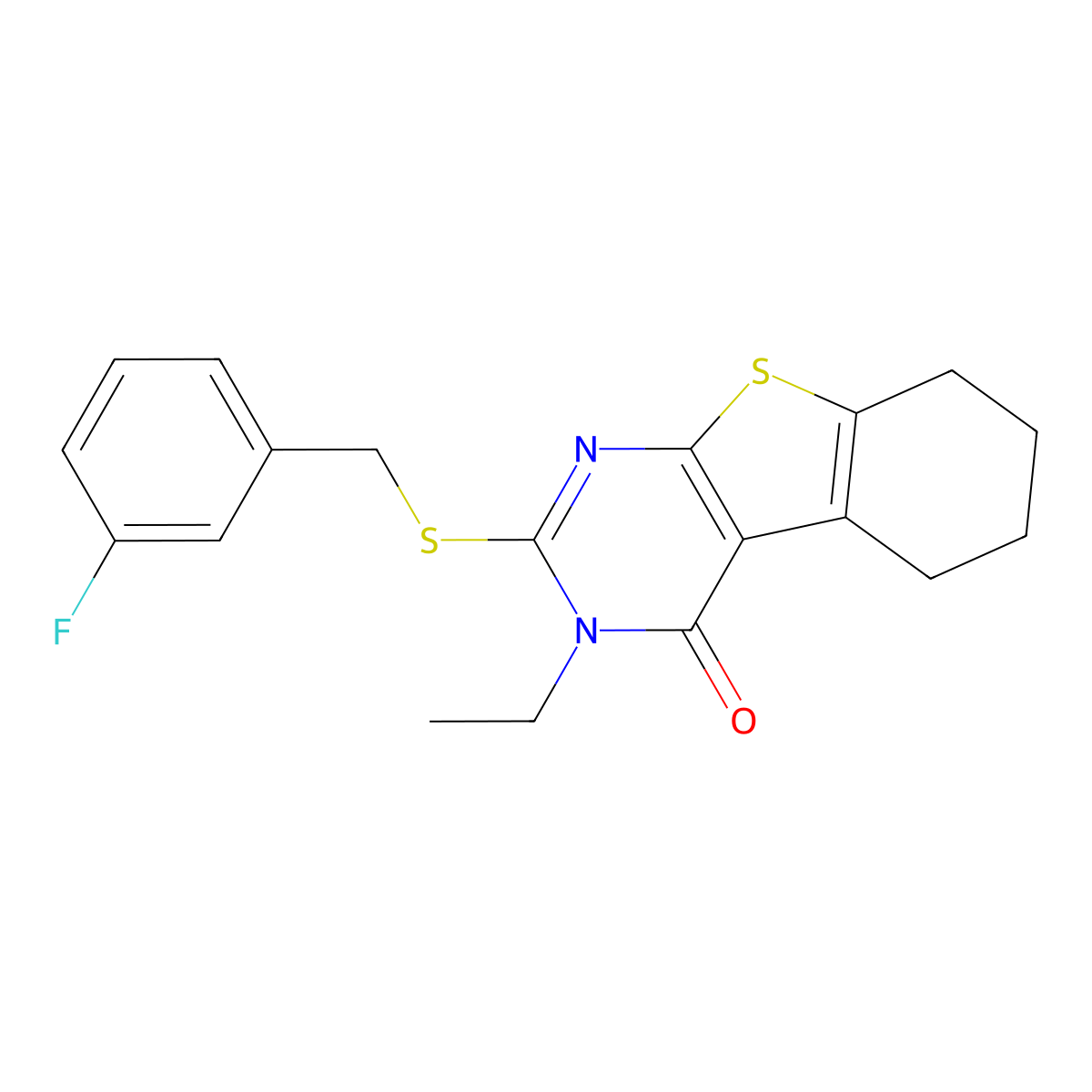3-ethyl-2-[(3-fluorobenzyl)sulfanyl]-5,6,7,8-tetrahydro[1]benzothieno[2,3-d]pyrimidin-4(3H)-one molecular structure, CAS 578755-53-0