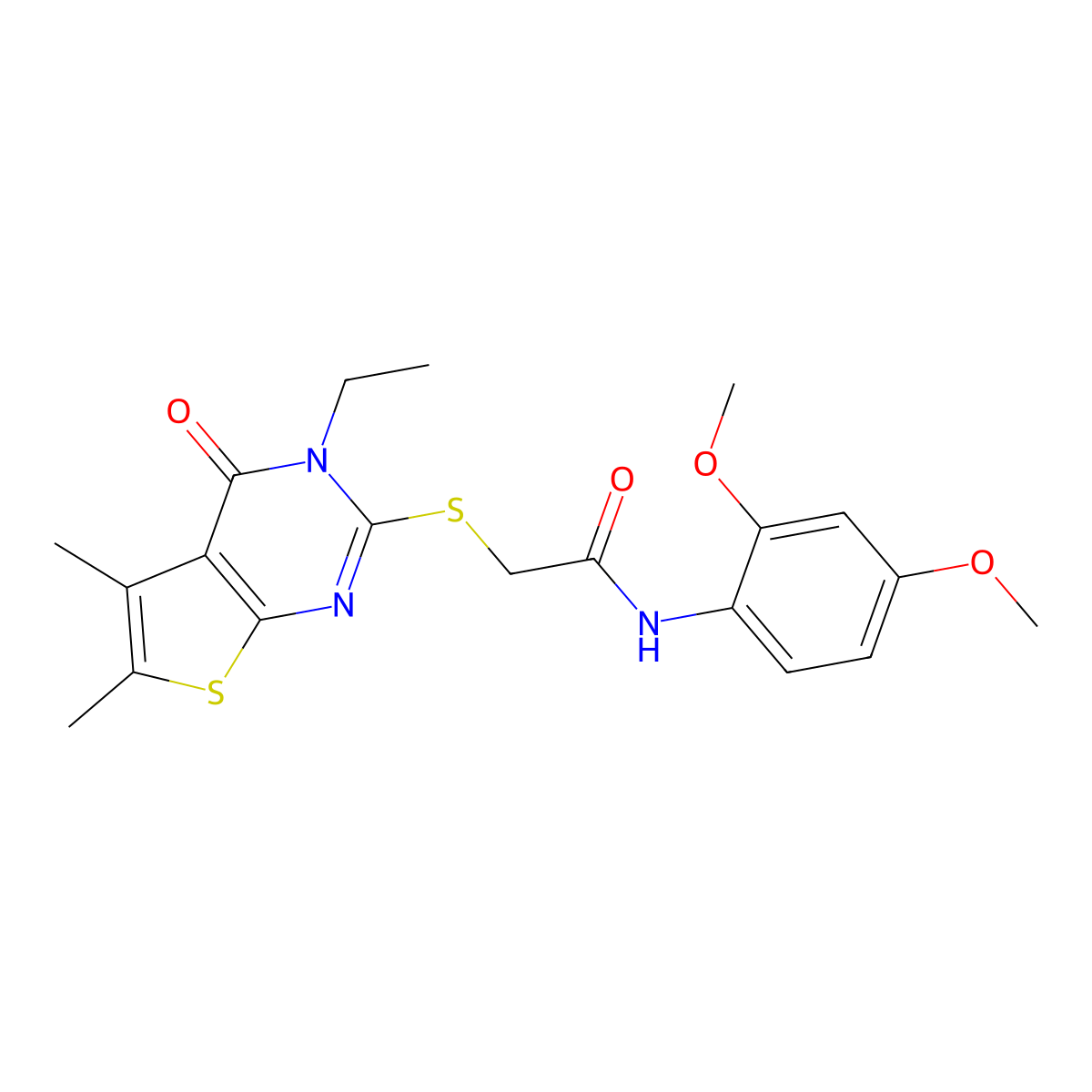 N-(2,4-Dimethoxyphenyl)-2-[(3-ethyl-5,6-dimethyl-4-oxo-3,4-dihydrothieno[2,3-D]pyrimidin-2-YL)sulfanyl]acetamide molecular structure, CAS 578756-18-0