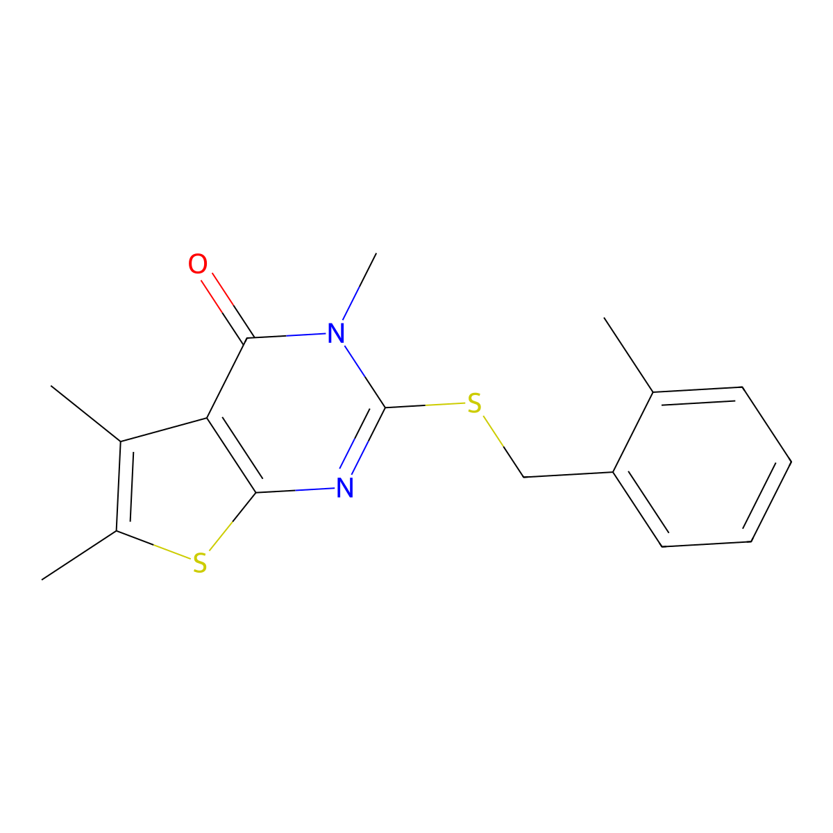 3,5,6-trimethyl-2-[(2-methylbenzyl)sulfanyl]thieno[2,3-d]pyrimidin-4(3H)-one molecular structure, CAS 578756-78-2