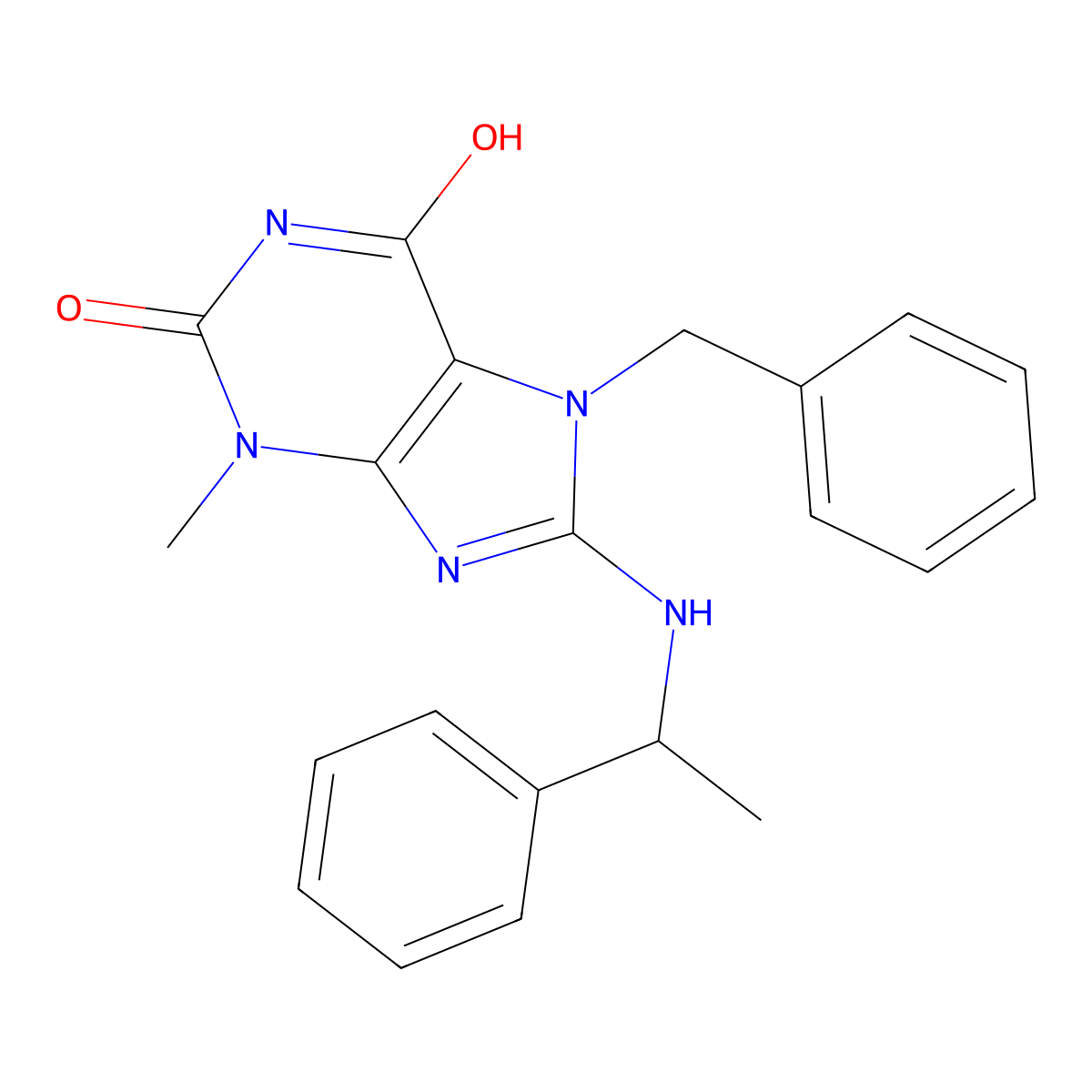 7-benzyl-3-methyl-8-((1-phenylethyl)amino)-1H-purine-2,6(3H,7H)-dione molecular structure, CAS 578757-65-0