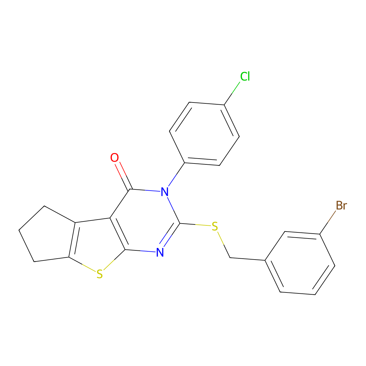 2-[(3-Bromobenzyl)sulfanyl]-3-(4-chlorophenyl)-3,5,6,7-tetrahydro-4H-cyclopenta[4,5]thieno[2,3-D]pyrimidin-4-one molecular structure, CAS 578758-83-5