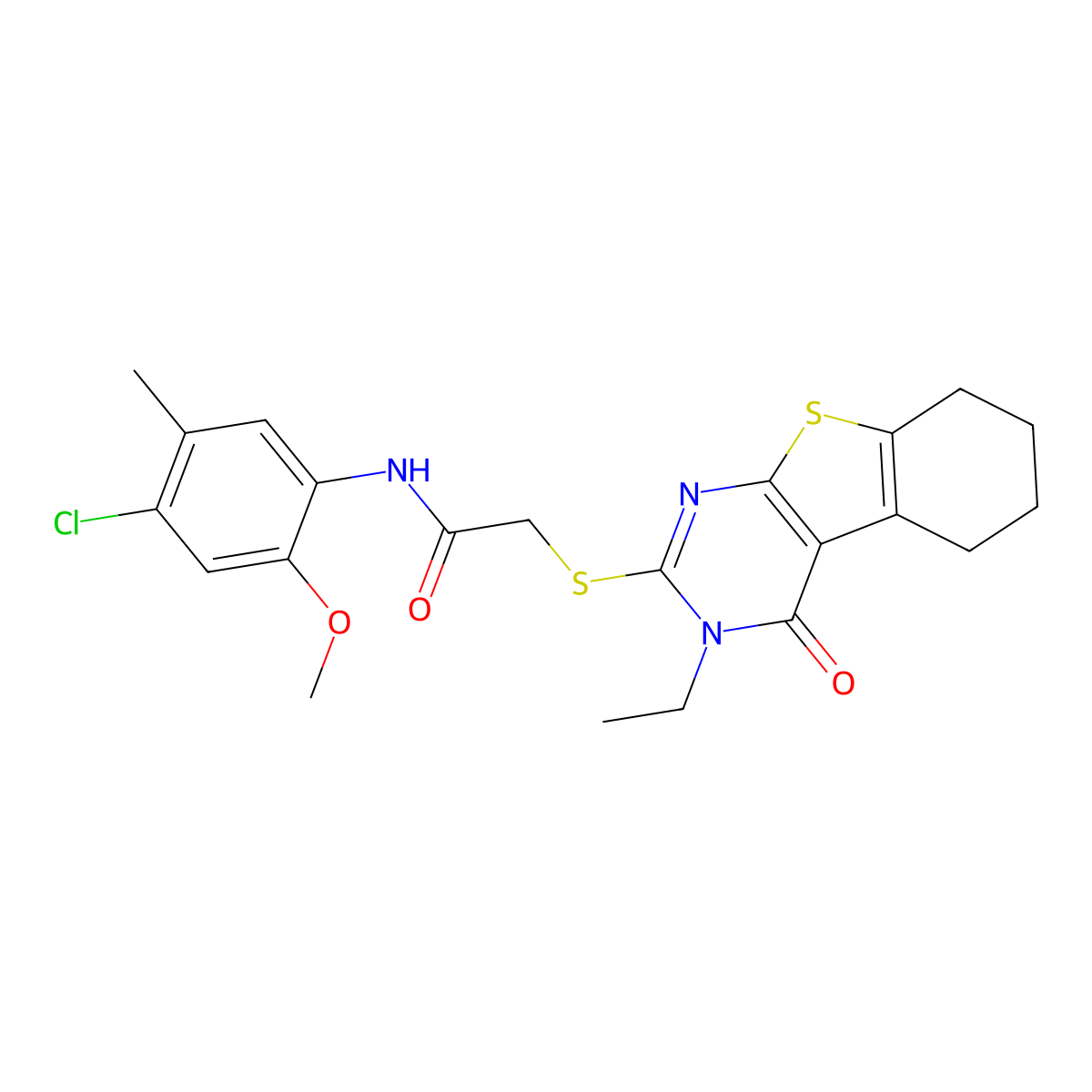 N-(4-Chloro-2-methoxy-5-methylphenyl)-2-[(3-ethyl-4-oxo-3,4,5,6,7,8-hexahydro[1]benzothieno[2,3-D]pyrimidin-2-YL)sulfanyl]acetamide molecular structure, CAS 578759-27-0