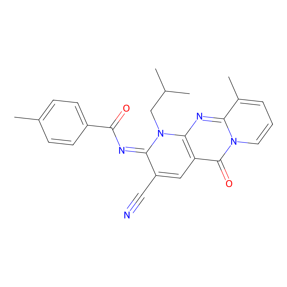 N-(3-cyano-1-isobutyl-10-methyl-5-oxo-1,5-dihydro-2H-dipyrido[1,2-a:2,3-d]pyrimidin-2-ylidene)-4-methylbenzamide molecular structure, CAS 578759-51-0