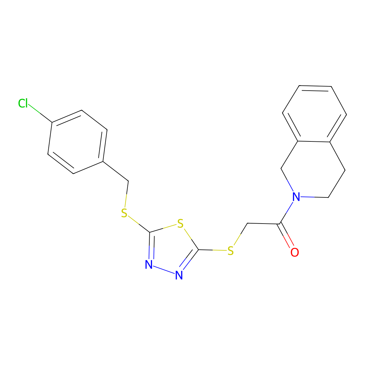 2-[[5-[(4-chlorophenyl)methylsulfanyl]-1,3,4-thiadiazol-2-yl]sulfanyl]-1-(3,4-dihydro-1H-isoquinolin-2-yl)ethanone molecular structure, CAS 578759-74-7