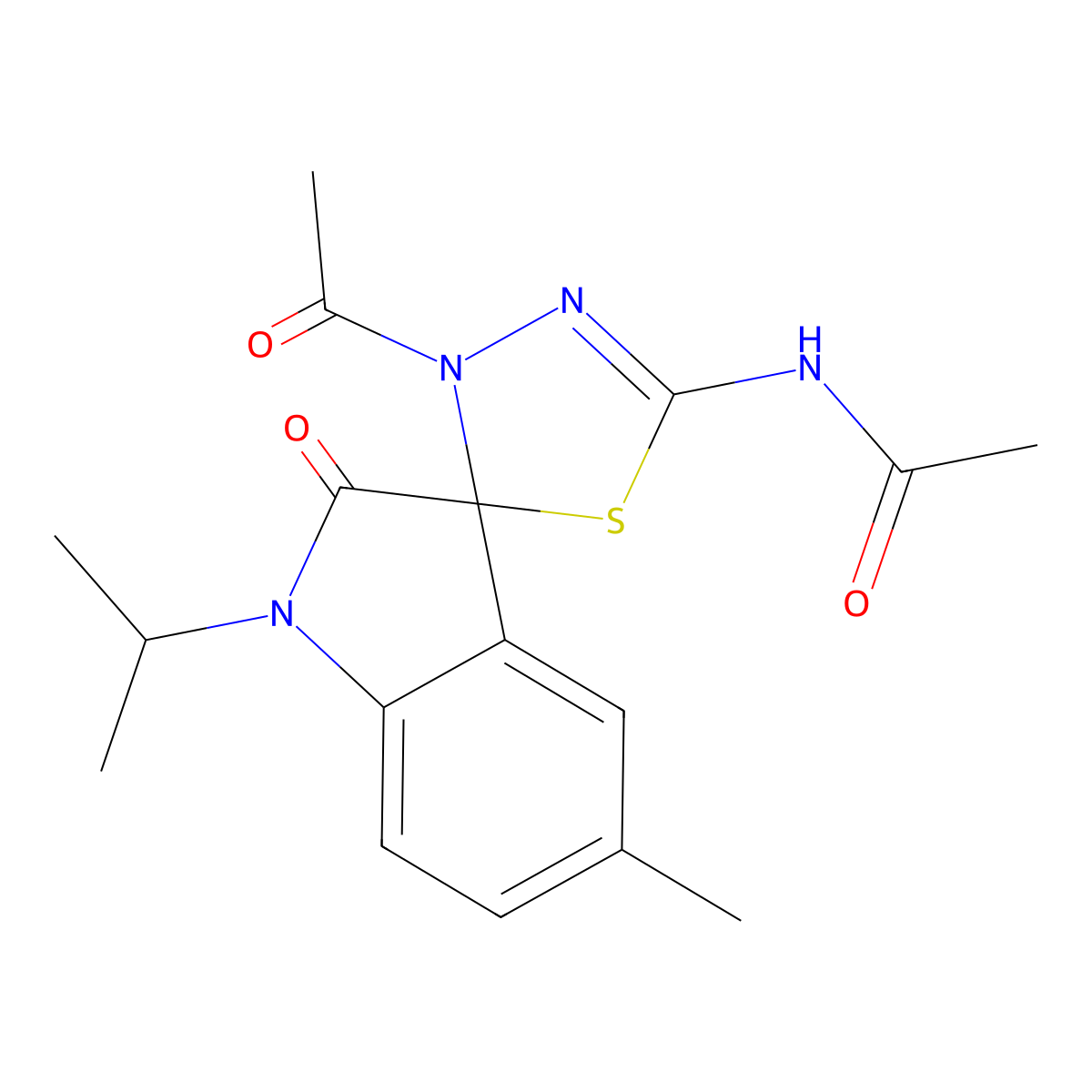 N-{4'-acetyl-1-isopropyl-5-methyl-1,3,4',5'-tetrahydro-2-oxospiro(2H-indole-3,5'-[1,3,4]thiadiazole)-2'-yl}acetamide molecular structure, CAS 578760-10-8