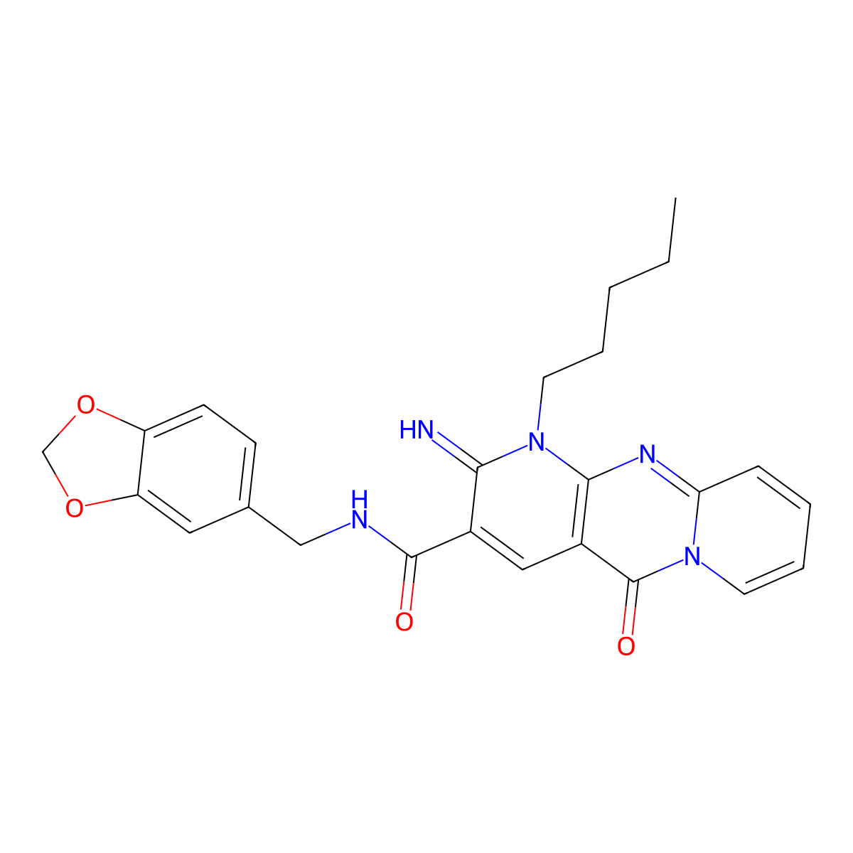 N-(2H-benzo[3,4-d]1,3-dioxolen-5-ylmethyl)(2-imino-5-oxo-1-pentyl(1,6-dihydrop yridino[1,2-a]pyridino[2,3-d]pyrimidin-3-yl))carboxamide molecular structure, CAS 578760-33-5