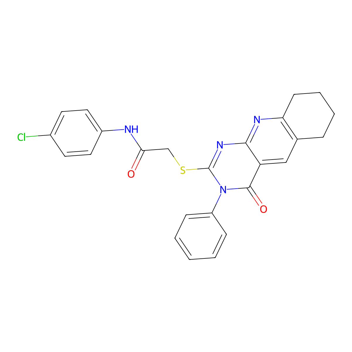 N-(4-chlorophenyl)-2-[(4-oxo-3-phenyl-6,7,8,9-tetrahydropyrimido[4,5-b]quinolin-2-yl)sulfanyl]acetamide molecular structure, CAS 578760-39-1