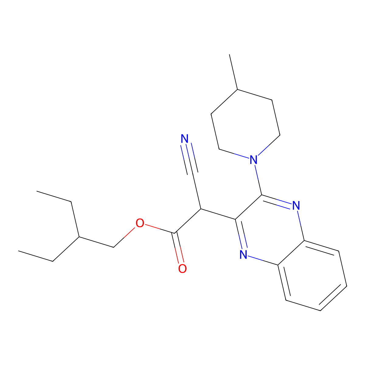 2-Ethylbutyl 2-cyano-2-(3-(4-methylpiperidin-1-yl)quinoxalin-2-yl)acetate molecular structure, CAS 578760-71-1