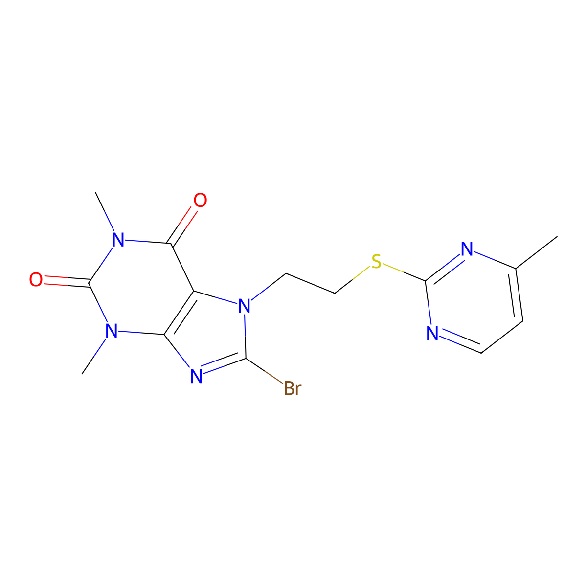 8-bromo-1,3-dimethyl-7-(2-((4-methylpyrimidin-2-yl)thio)ethyl)-1H-purine-2,6(3H,7H)-dione molecular structure, CAS 578760-91-5