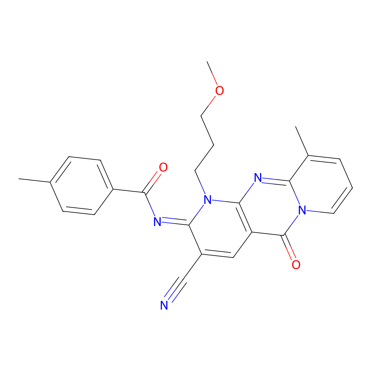 N-[3-cyano-1-(3-methoxypropyl)-10-methyl-5-oxo-1,5-dihydro-2H-dipyrido[1,2-a:2,3-d]pyrimidin-2-ylidene]-4-methylbenzamide molecular structure, CAS 578761-05-4