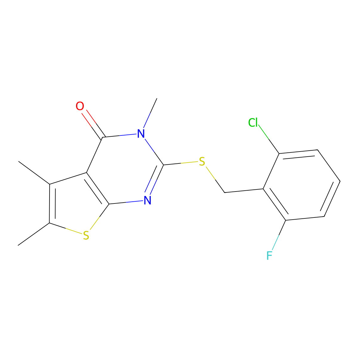 2-[(2-chloro-6-fluorobenzyl)sulfanyl]-3,5,6-trimethylthieno[2,3-d]pyrimidin-4(3H)-one molecular structure, CAS 578761-21-4