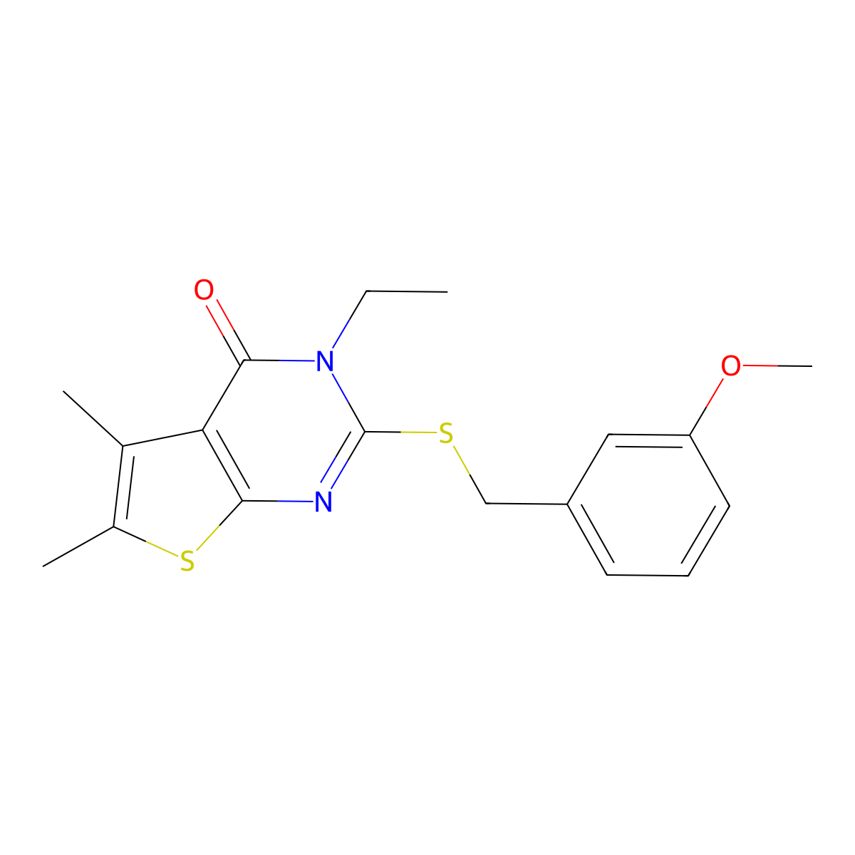 3-ethyl-2-[(3-methoxybenzyl)sulfanyl]-5,6-dimethylthieno[2,3-d]pyrimidin-4(3H)-one molecular structure, CAS 578761-63-4