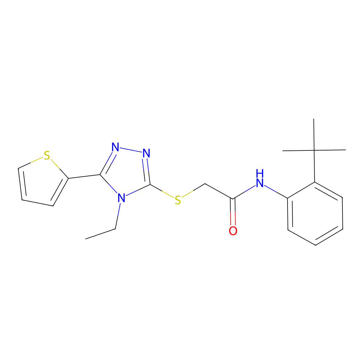 N-(2-Tert-butylphenyl)-2-{[4-ethyl-5-(2-thienyl)-4H-1,2,4-triazol-3-YL]sulfanyl}acetamide molecular structure, CAS 578761-77-0