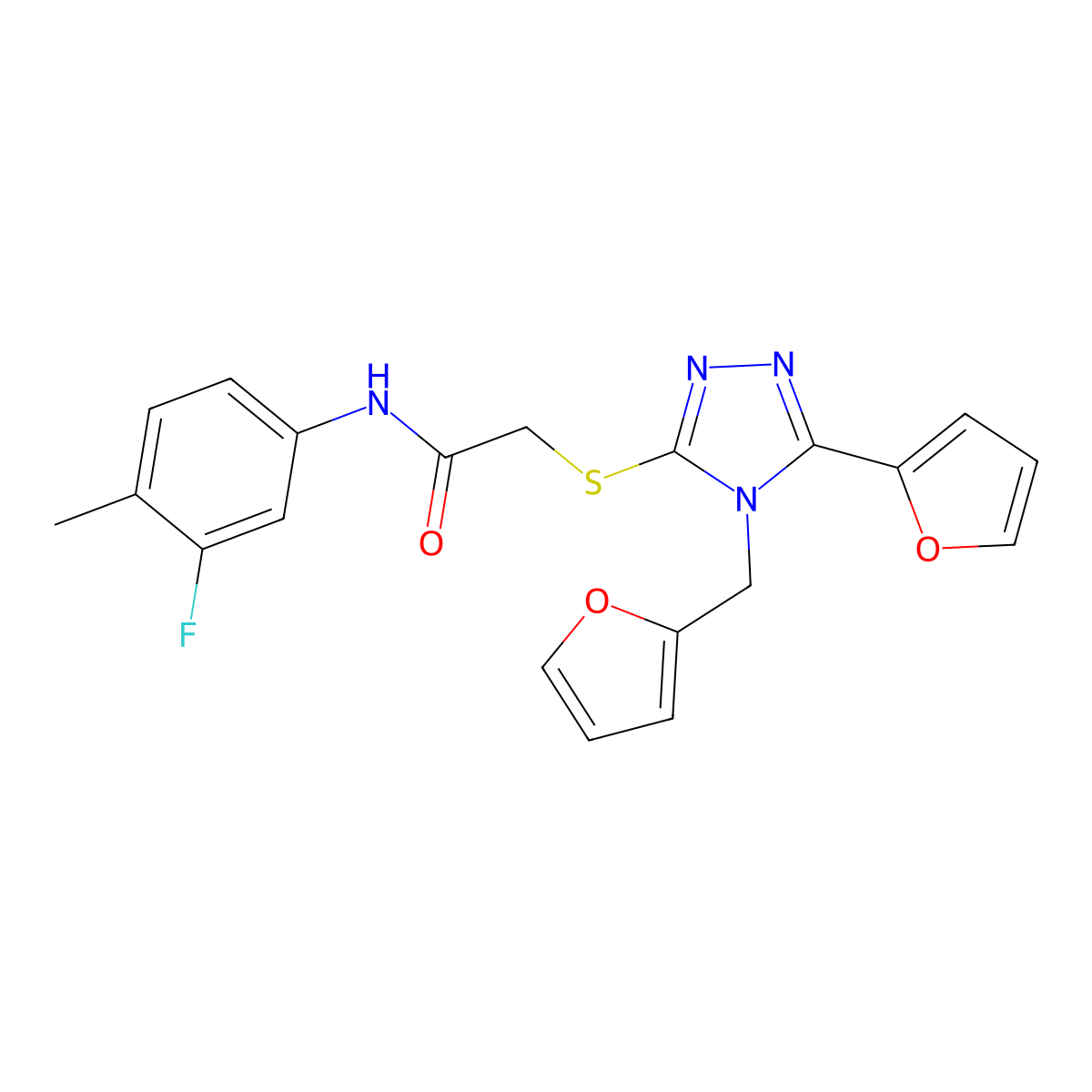 N-(3-fluoro-4-methylphenyl)-2-{[5-(furan-2-yl)-4-(furan-2-ylmethyl)-4H-1,2,4-triazol-3-yl]sulfanyl}acetamide molecular structure, CAS 578762-58-0