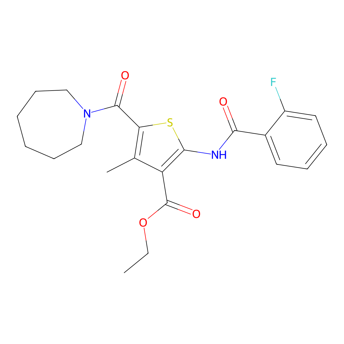 Ethyl 5-(azepan-1-ylcarbonyl)-2-{[(2-fluorophenyl)carbonyl]amino}-4-methylthiophene-3-carboxylate molecular structure, CAS 5788-26-1