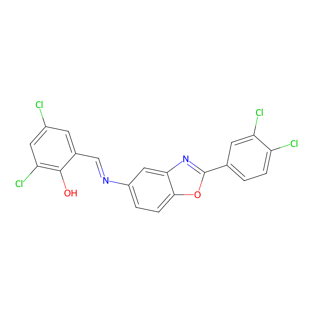 2,4-Dichloro-6-({[2-(3,4-dichlorophenyl)-1,3-benzoxazol-5-yl]imino}methyl)phenol molecular structure, CAS 5790-03-4