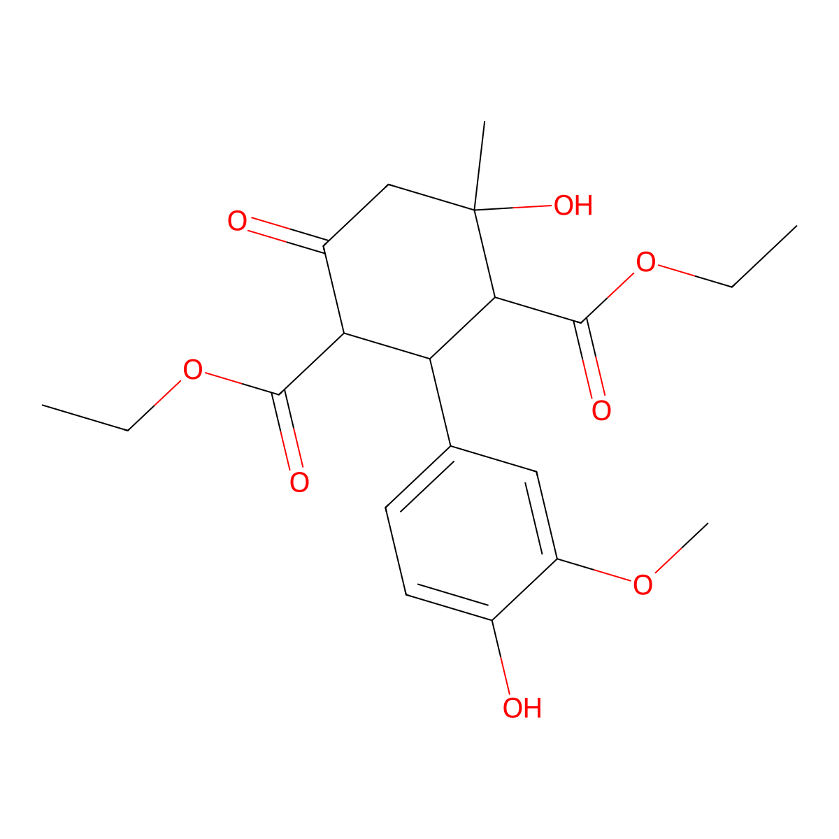 Diethyl 4-hydroxy-2-(4-hydroxy-3-methoxyphenyl)-4-methyl-6-oxocyclohexane-1,3-dicarboxylate molecular structure, CAS 5791-11-7