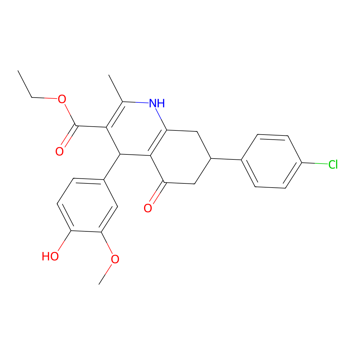 Ethyl 7-(4-chlorophenyl)-4-(4-hydroxy-3-methoxyphenyl)-2-methyl-5-oxo-1,4,5,6,7,8-hexahydroquinoline-3-carboxylate molecular structure, CAS 5791-40-2