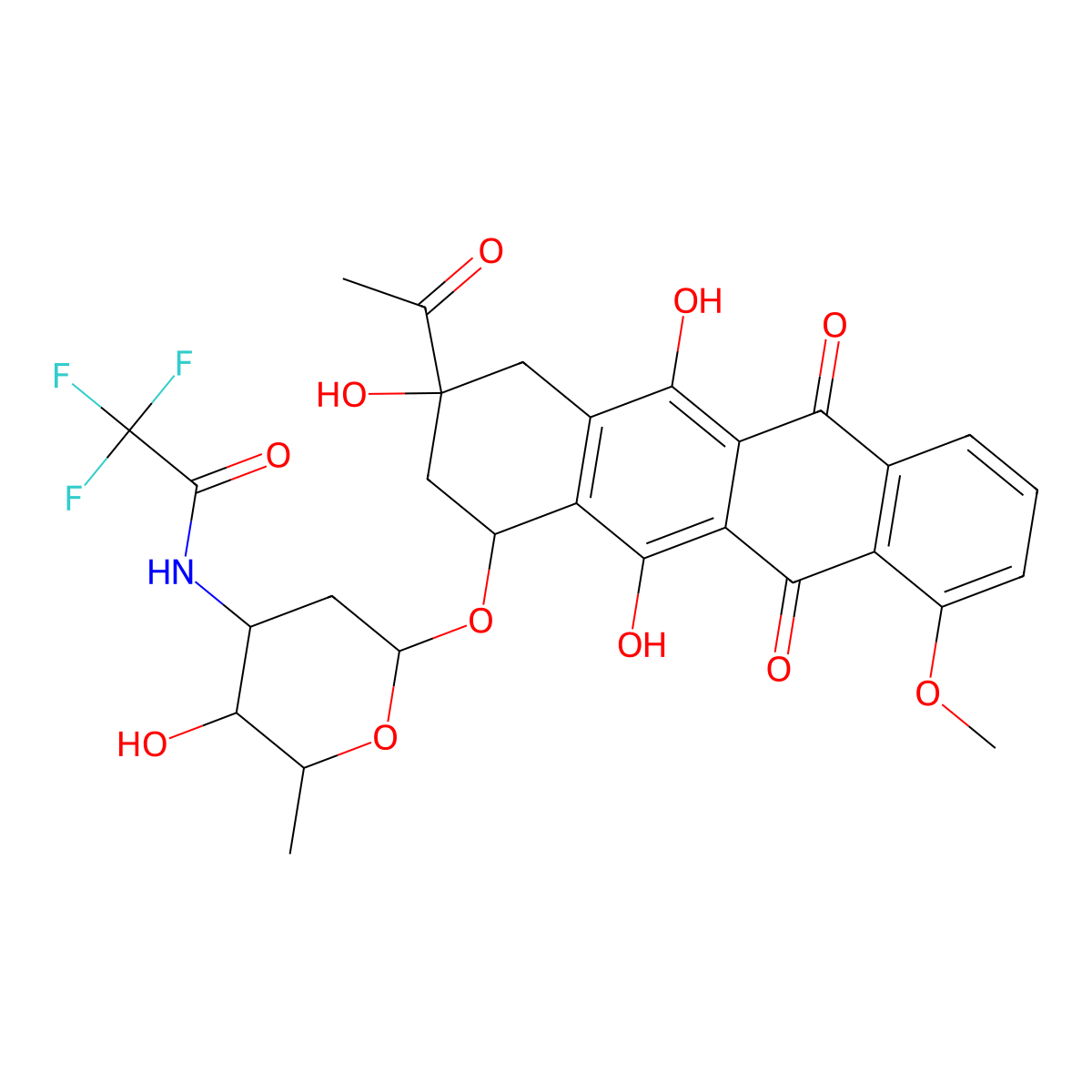 (8S-cis)-8-Acetyl-7,8,9,10-tetrahydro-6,8,11-trihydroxy-1-methoxy-10-((2,3,6-trideoxy-3-((trifluoroacetyl)amino)-alpha-L-arabino-hexopyranosyl)oxy)naphthacene-5,12-dione molecular structure, CAS 57918-22-6