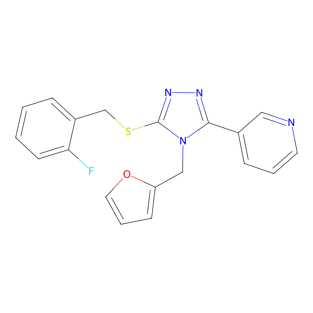 3-{5-[(2-fluorobenzyl)sulfanyl]-4-(furan-2-ylmethyl)-4H-1,2,4-triazol-3-yl}pyridine molecular structure, CAS 579439-44-4