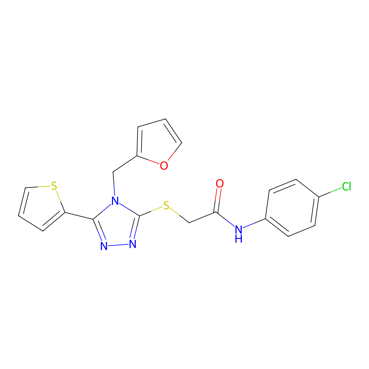 N-(4-chlorophenyl)-2-{[4-(furan-2-ylmethyl)-5-(thiophen-2-yl)-4H-1,2,4-triazol-3-yl]sulfanyl}acetamide molecular structure, CAS 579440-62-3