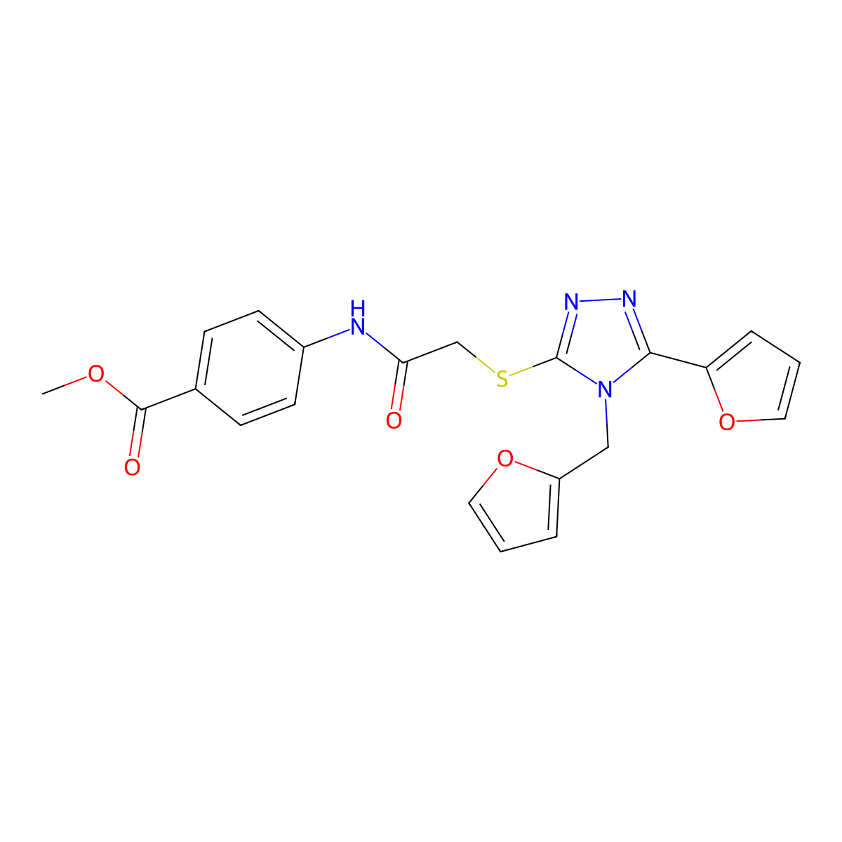 methyl 4-[({[5-(furan-2-yl)-4-(furan-2-ylmethyl)-4H-1,2,4-triazol-3-yl]sulfanyl}acetyl)amino]benzoate molecular structure, CAS 579440-86-1