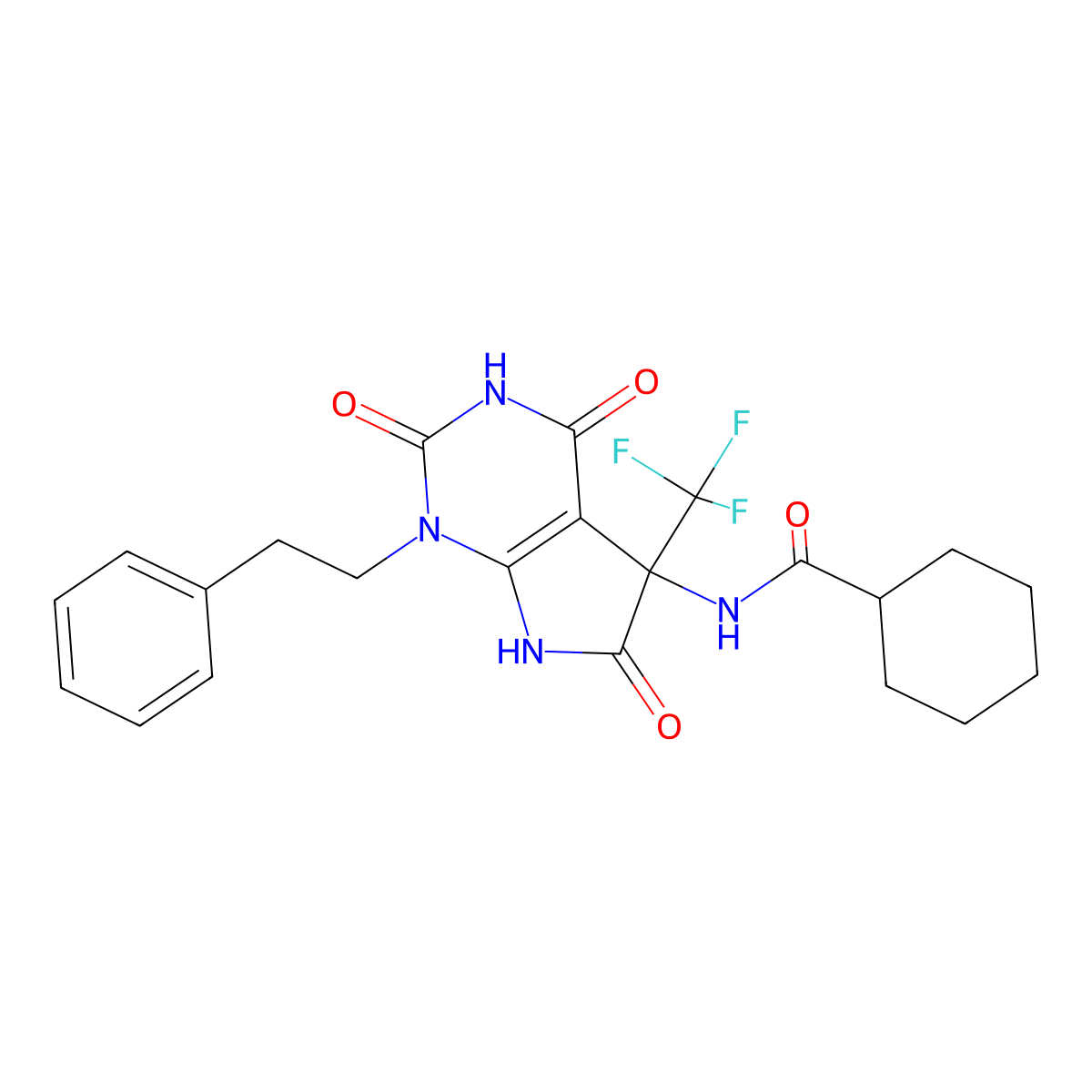 N-[4-hydroxy-2,6-dioxo-1-(2-phenylethyl)-5-(trifluoromethyl)-2,5,6,7-tetrahydro-1H-pyrrolo[2,3-d]pyrimidin-5-yl]cyclohexanecarboxamide molecular structure, CAS 579441-07-9