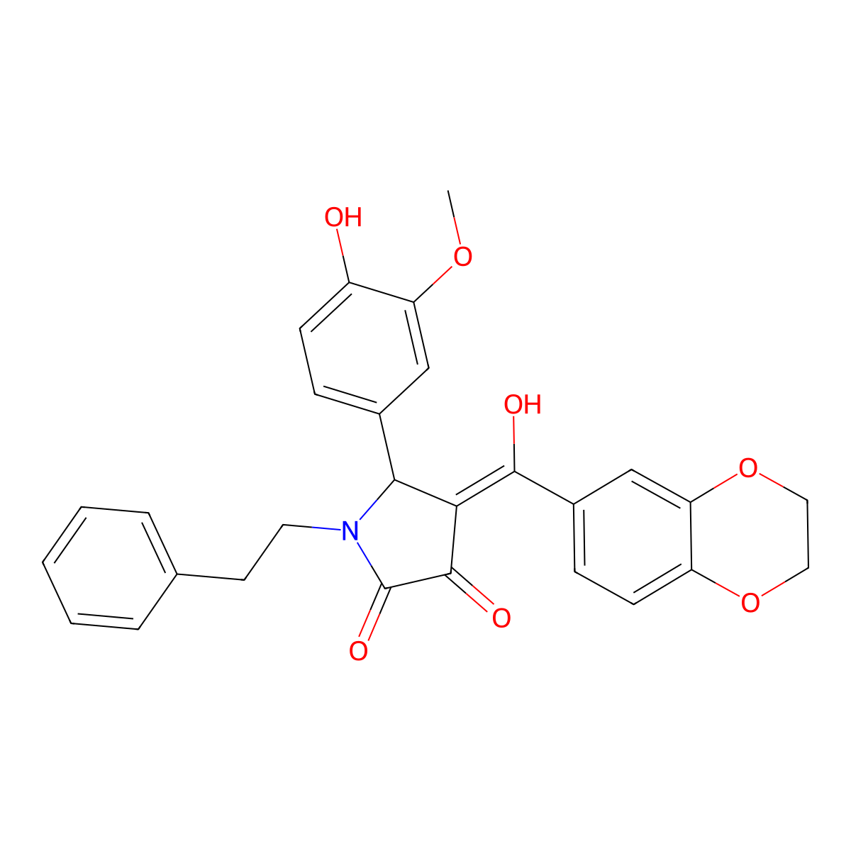 4-(2,3-dihydro-1,4-benzodioxine-6-carbonyl)-3-hydroxy-5-(4-hydroxy-3-methoxyphenyl)-1-(2-phenylethyl)-2,5-dihydro-1H-pyrrol-2-one molecular structure, CAS 579442-06-1