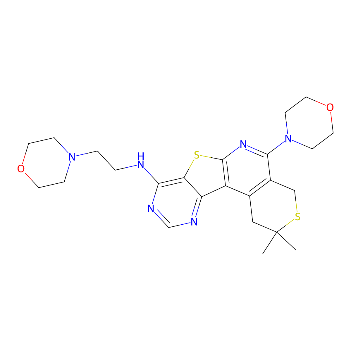 2,2-dimethyl-5-morpholino-N-(2-morpholinoethyl)-2,4-dihydro-1H-thiopyrano[4'',3'':4',5']pyrido[3',2':4,5]thieno[3,2-d]pyrimidin-8-amine molecular structure, CAS 579442-54-9