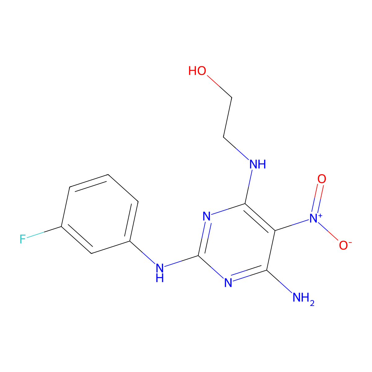 2-[[6-Amino-2-(3-fluoroanilino)-5-nitropyrimidin-4-yl]amino]ethanol molecular structure, CAS 579442-96-9