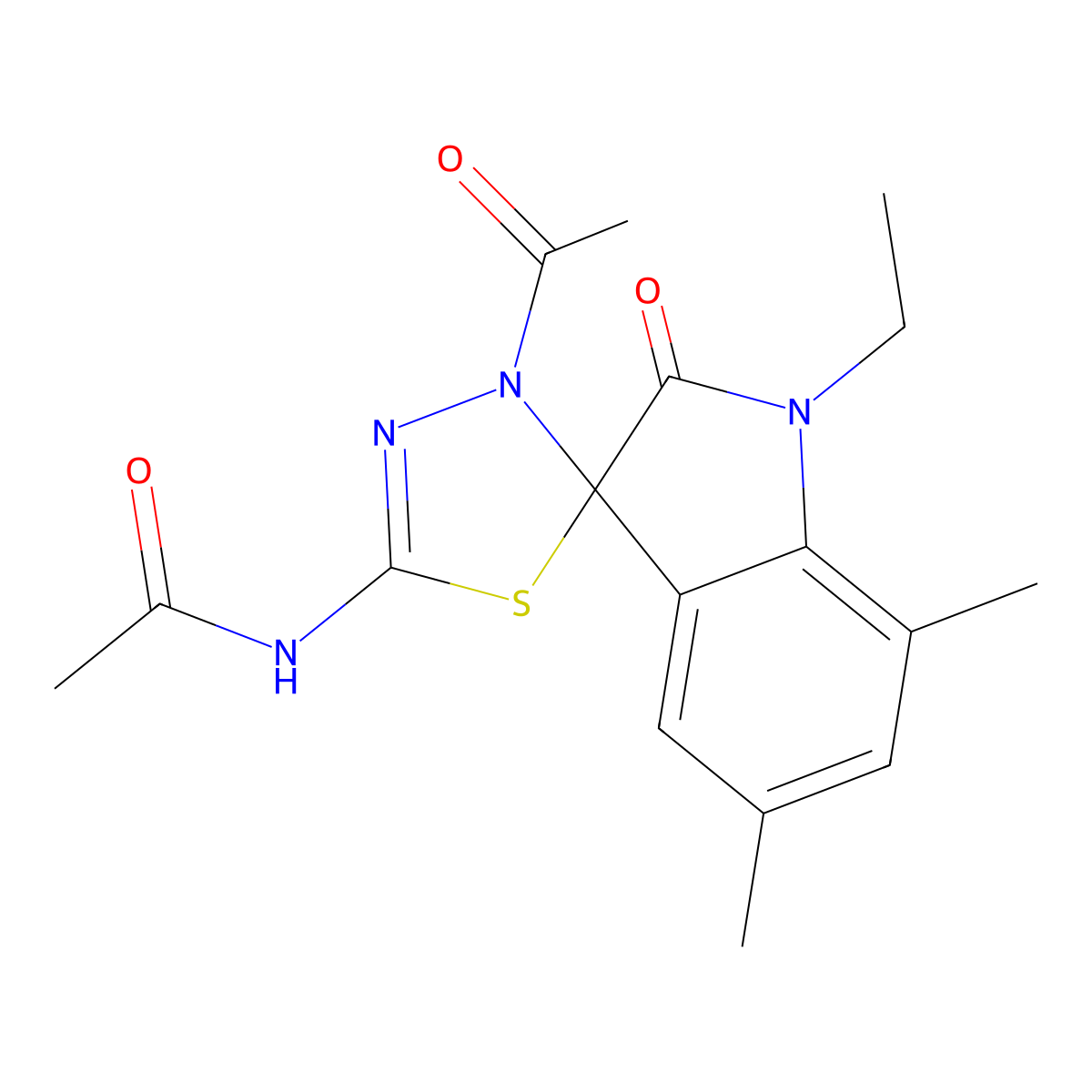 N-(4-acetyl-1'-ethyl-5',7'-dimethyl-2'-oxospiro[1,3,4-thiadiazole-5,3'-indole]-2-yl)acetamide molecular structure, CAS 579443-08-6
