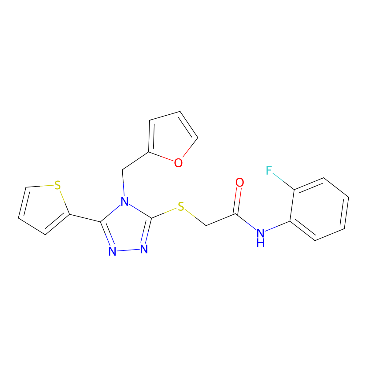N-(2-fluorophenyl)-2-{[4-(furan-2-ylmethyl)-5-(thiophen-2-yl)-4H-1,2,4-triazol-3-yl]sulfanyl}acetamide molecular structure, CAS 579443-09-7