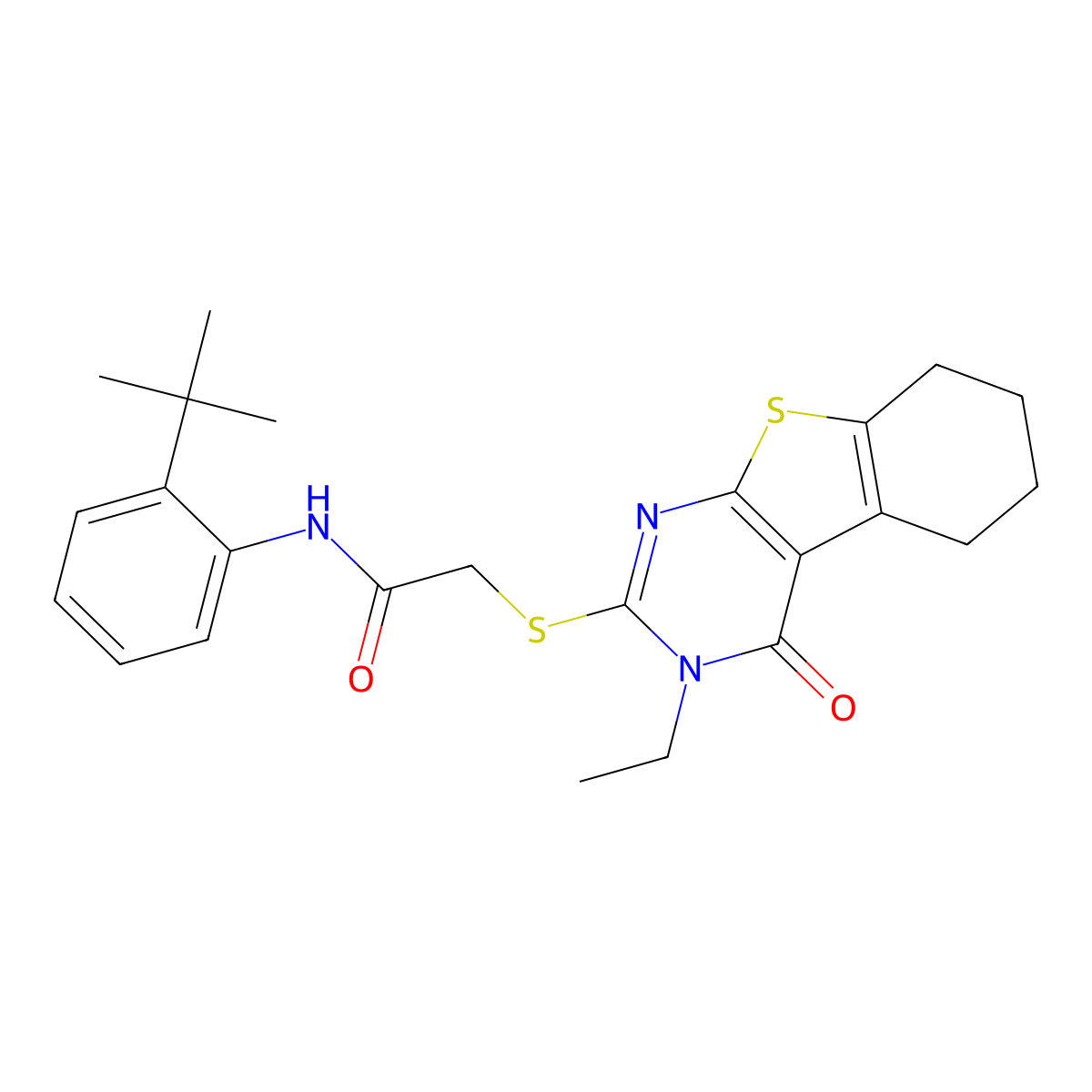 N-(2-Tert-butylphenyl)-2-((3-ethyl-4-oxo-3,4,5,6,7,8-hexahydro(1)benzothieno(2,3-D)pyrimidin-2-YL)sulfanyl)acetamide molecular structure, CAS 579443-11-1