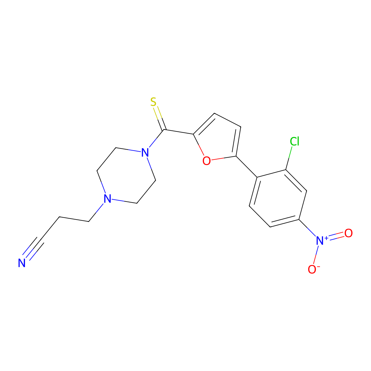 3-(4-(5-(2-Chloro-4-nitrophenyl)furan-2-carbonothioyl)piperazin-1-yl)propanenitrile molecular structure, CAS 579443-34-8
