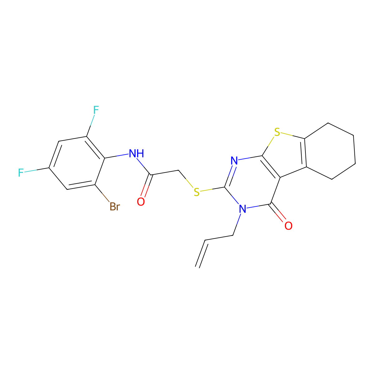 N-(2-bromo-4,6-difluorophenyl)-2-{[4-oxo-3-(prop-2-en-1-yl)-3,4,5,6,7,8-hexahydro[1]benzothieno[2,3-d]pyrimidin-2-yl]sulfanyl}acetamide molecular structure, CAS 579443-60-0