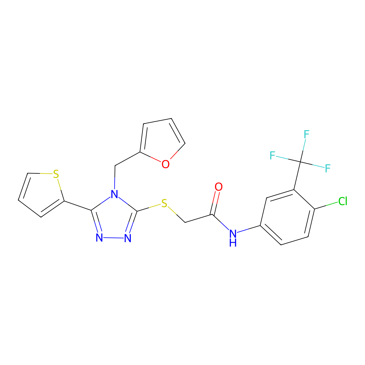 N-[4-chloro-3-(trifluoromethyl)phenyl]-2-{[4-(furan-2-ylmethyl)-5-(thiophen-2-yl)-4H-1,2,4-triazol-3-yl]sulfanyl}acetamide molecular structure, CAS 579444-08-9