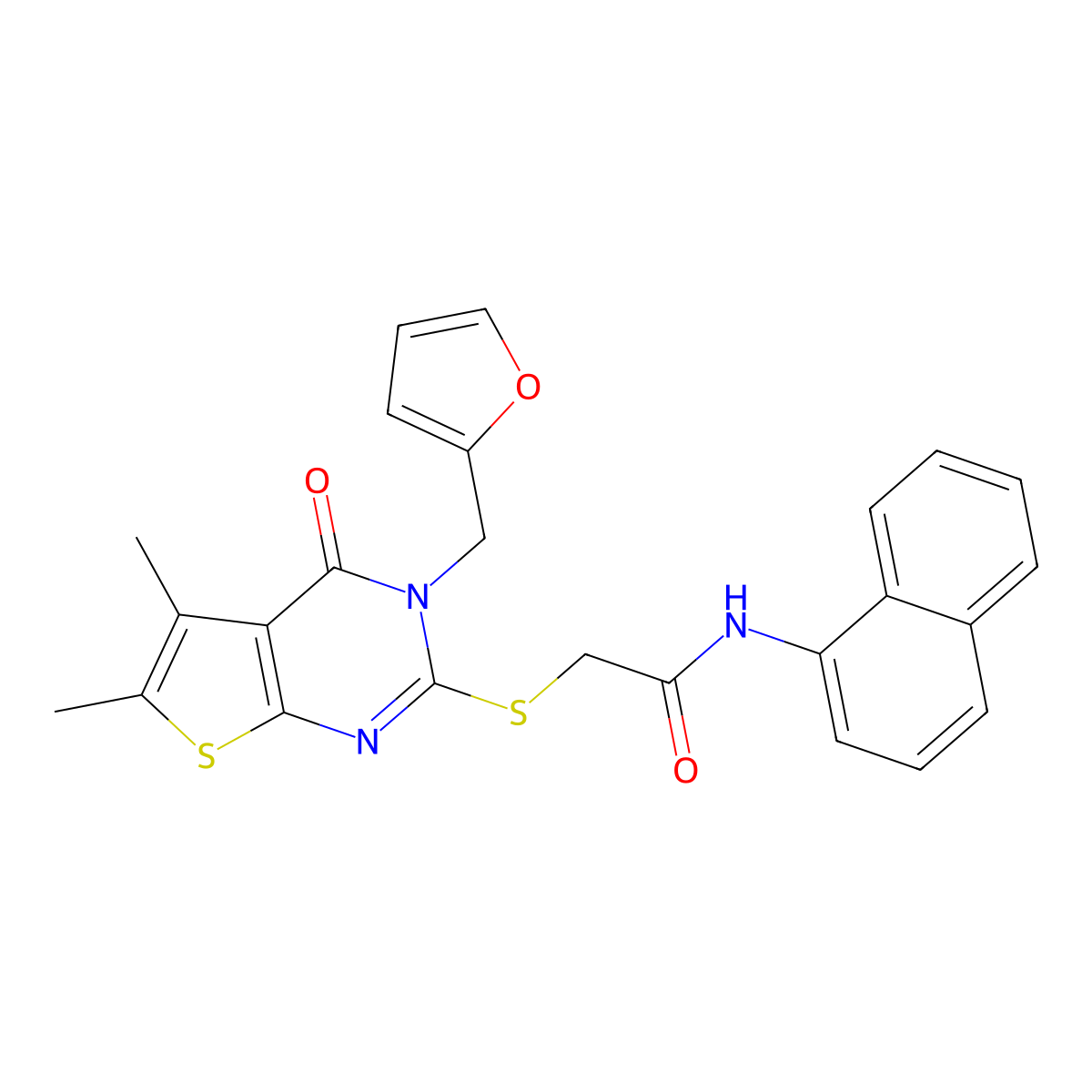 2-{[3-(furan-2-ylmethyl)-5,6-dimethyl-4-oxo-3,4-dihydrothieno[2,3-d]pyrimidin-2-yl]sulfanyl}-N-(naphthalen-1-yl)acetamide molecular structure, CAS 579444-33-0