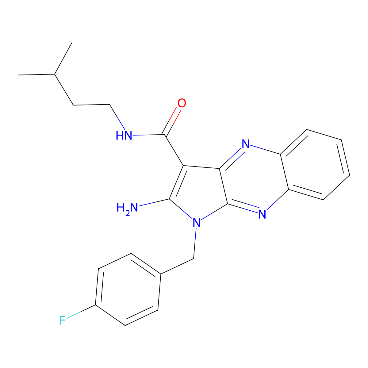 2-amino-1-(4-fluorobenzyl)-N-isopentyl-1H-pyrrolo[2,3-b]quinoxaline-3-carboxamide molecular structure, CAS 579446-04-1