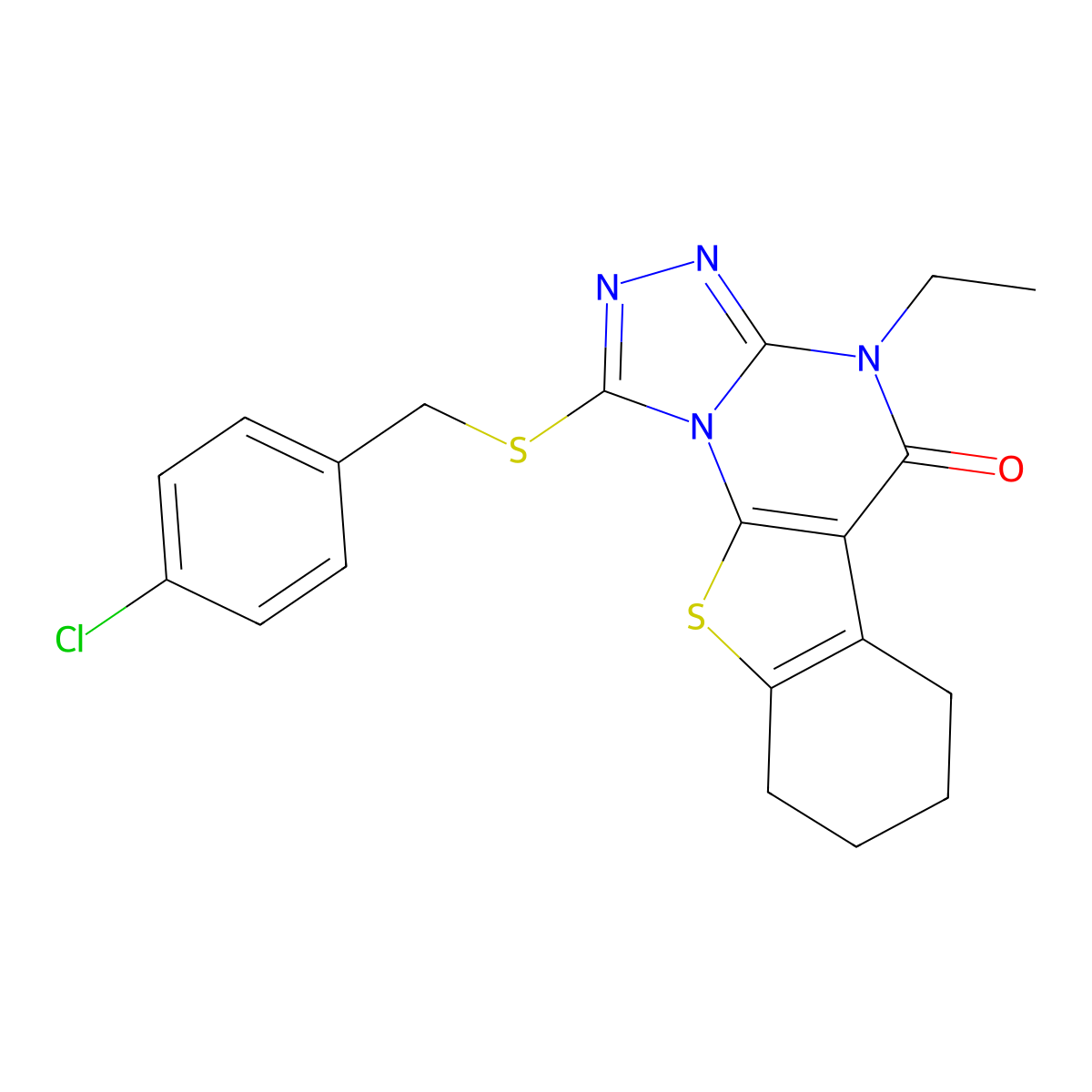 1-((4-chlorobenzyl)thio)-4-ethyl-6,7,8,9-tetrahydrobenzo[4,5]thieno[3,2-e][1,2,4]triazolo[4,3-a]pyrimidin-5(4H)-one molecular structure, CAS 579446-32-5