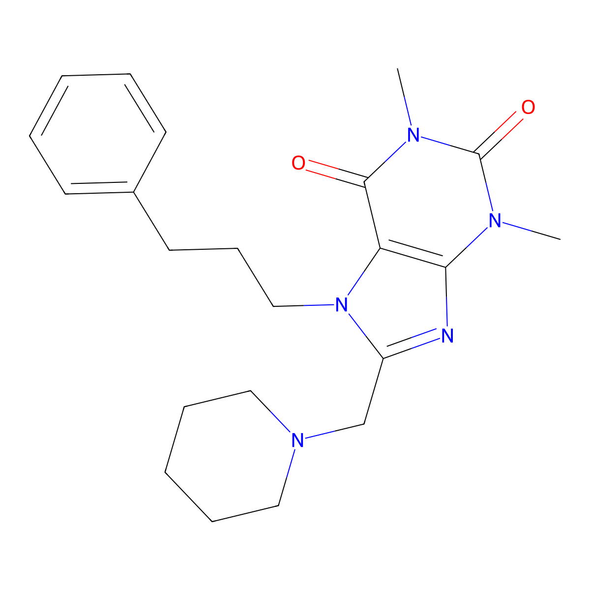 1,3-dimethyl-7-(3-phenylpropyl)-8-(piperidin-1-ylmethyl)-3,7-dihydro-1H-purine-2,6-dione molecular structure, CAS 579446-41-6