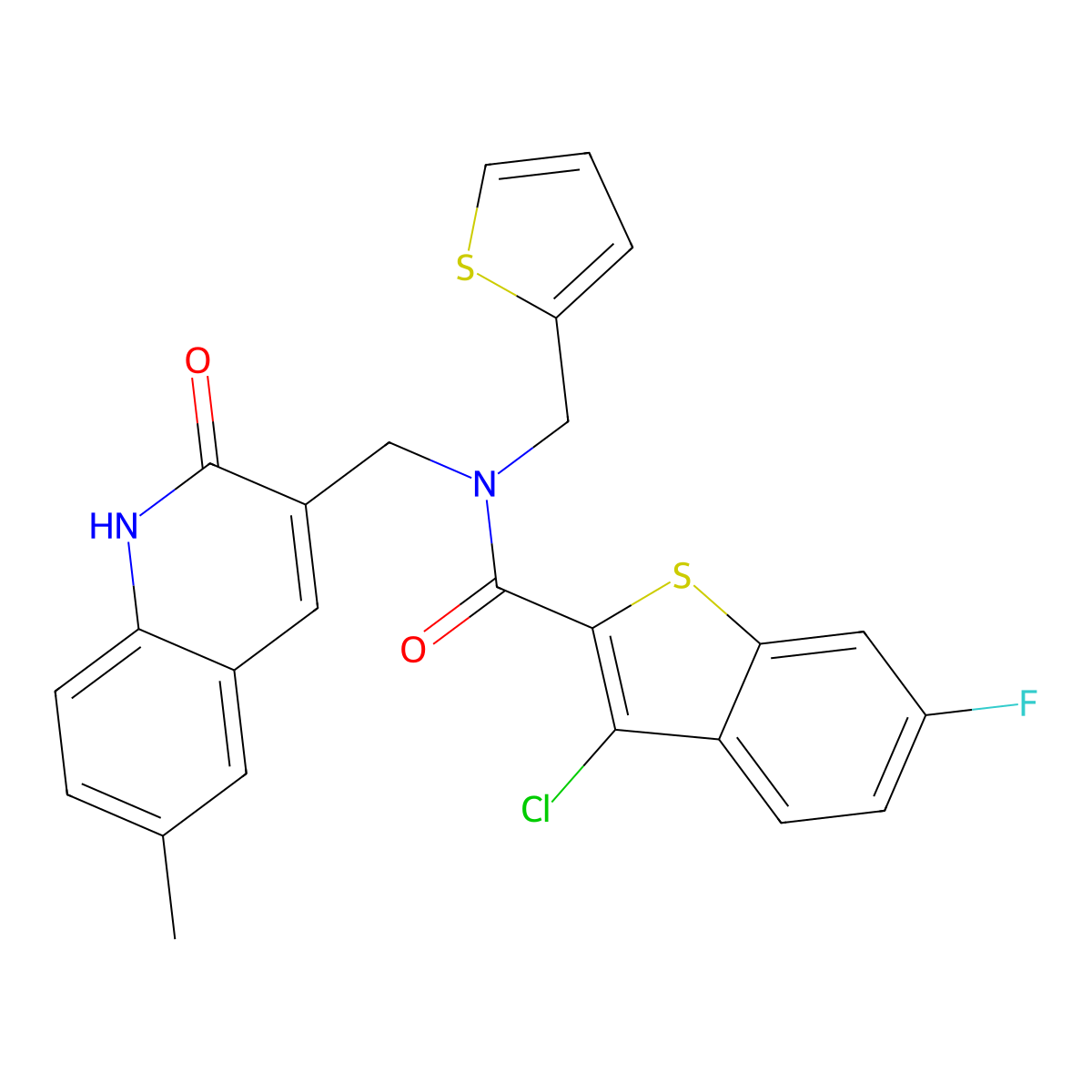 Benzo[B]thiophene-2-carboxamide, 3-chloro-N-[(1,2-dihydro-6-methyl-2-oxo-3-quinolinyl)methyl]-6-fluoro-N-(2-thienylmethyl)- molecular structure, CAS 579449-15-3