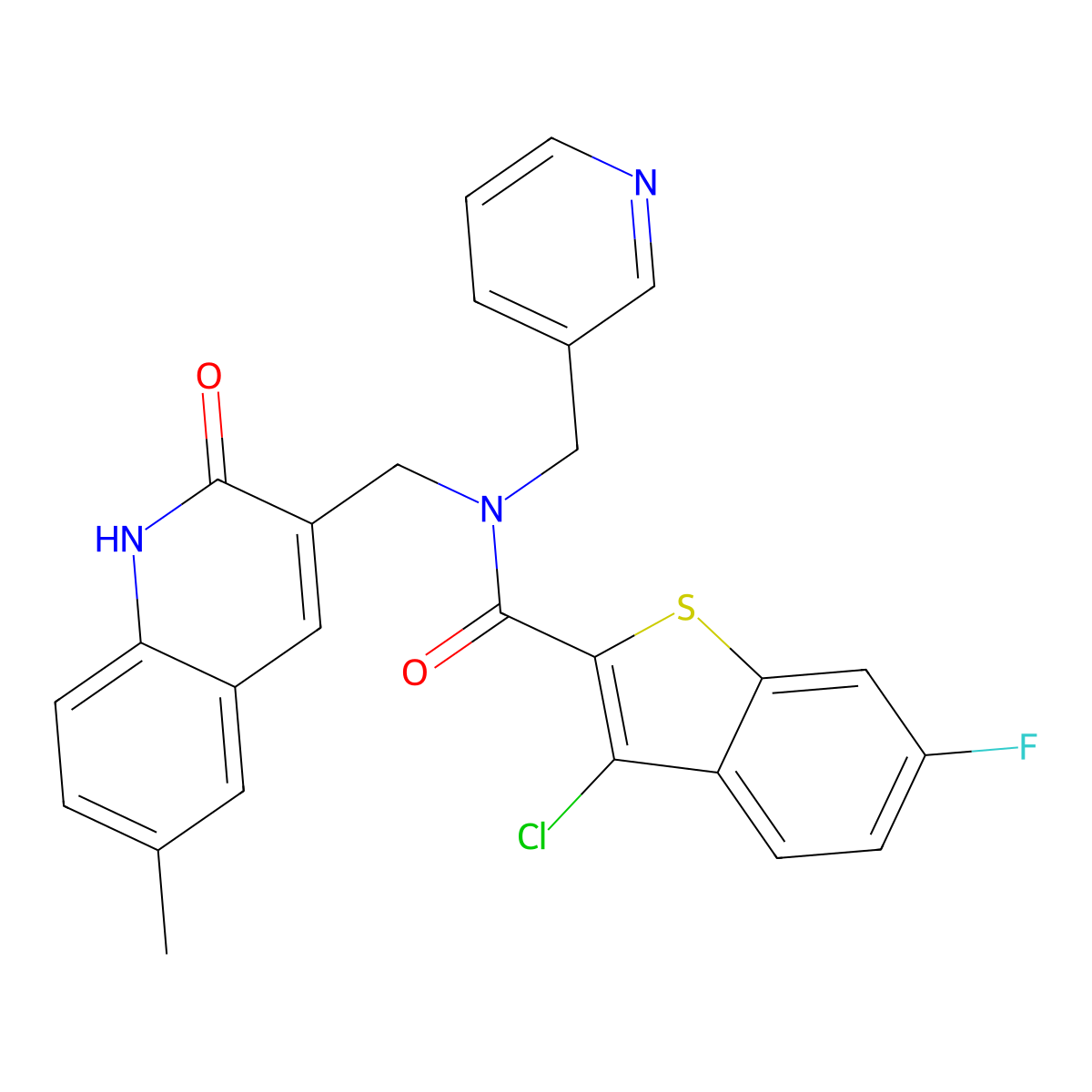 3-chloro-6-fluoro-N-[(6-methyl-2-oxo-1H-quinolin-3-yl)methyl]-N-(pyridin-3-ylmethyl)-1-benzothiophene-2-carboxamide molecular structure, CAS 579449-26-6