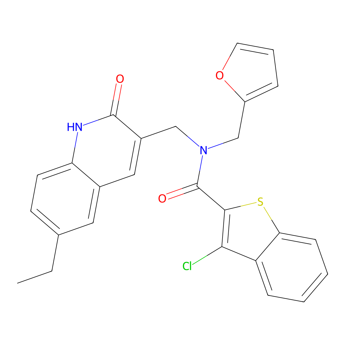 3-chloro-N-[(6-ethyl-2-oxo-1H-quinolin-3-yl)methyl]-N-(furan-2-ylmethyl)-1-benzothiophene-2-carboxamide molecular structure, CAS 579450-32-1